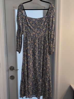 NWT Reformation Blue Floral Square-Neck Long Sleeve Midi Dress